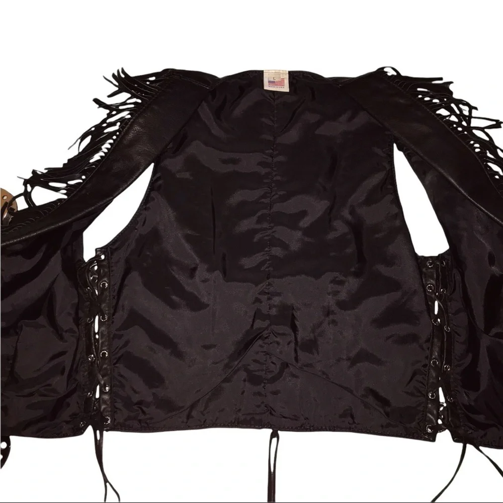 Vintage Leather Western Style Fringed Vest Unisex USA Made Corset Cabochan Lge